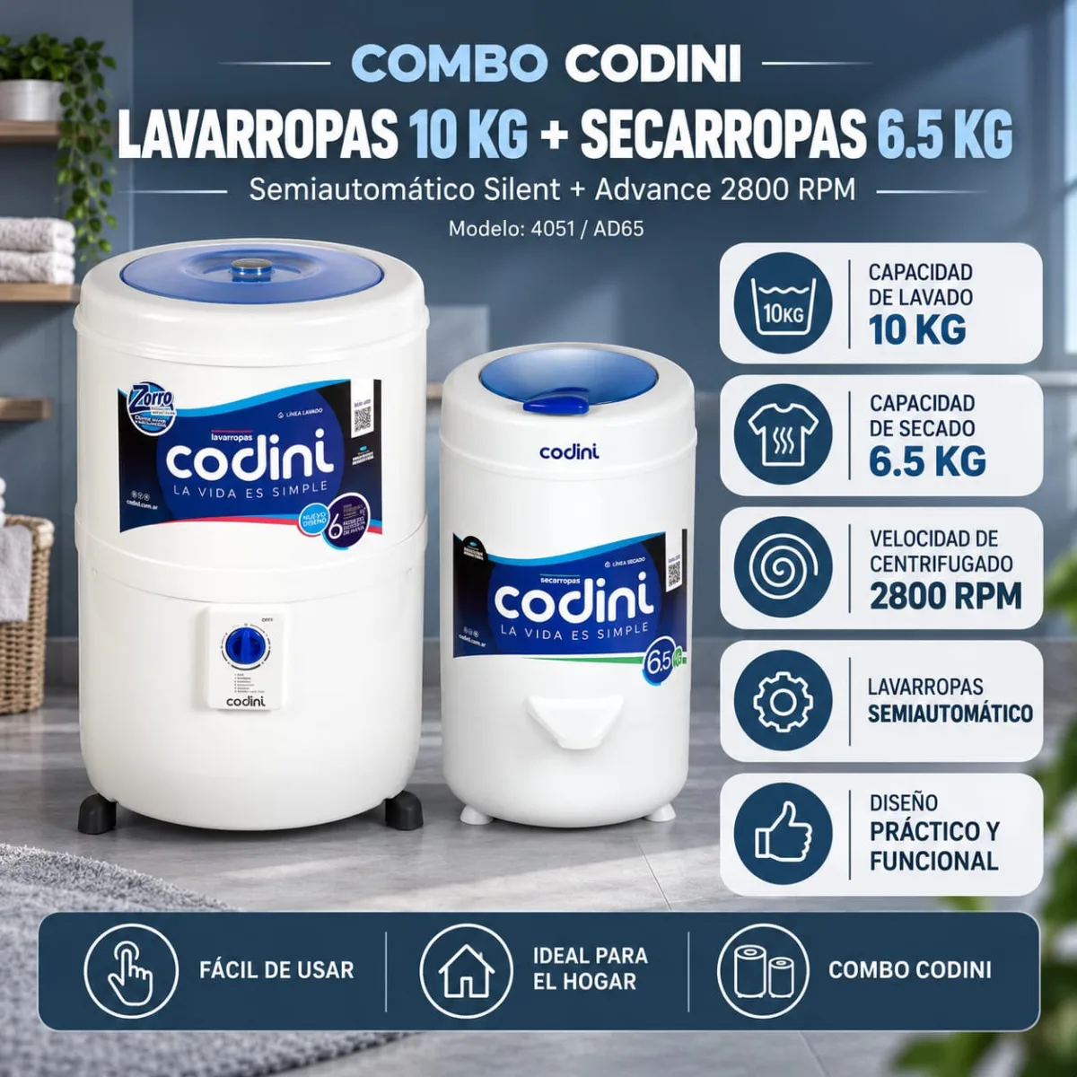 Combo Codini - Lavarropas 10Kg + Secarropas 6.5Kg